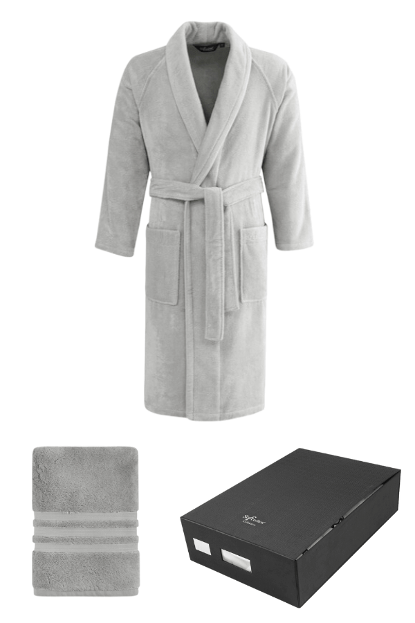 Pánský župan PREMIUM v dárkovém balení s ručníkem L + ručník 50x100cm + box Světle šedá