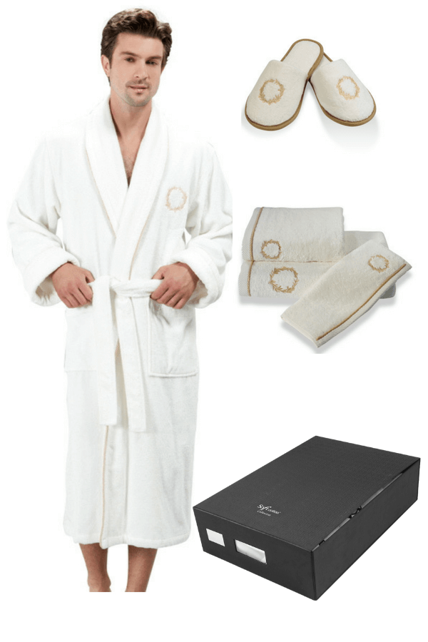 Pánský župan SEHZADE v dárkovém balení + ručník + papuče XL + papučky (42/44) + ručník + box Smetanová / zlatá výšivka