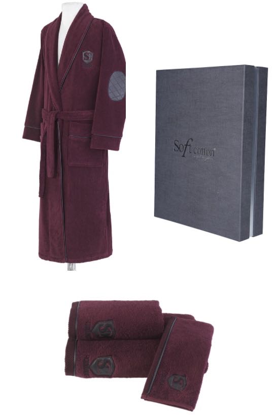 Herrenbademantel LUXURY + Handtuch + Badetuch + box XXL + Handtuch + Badetuch + Box Bordeaux