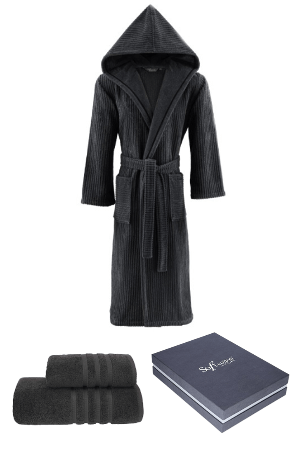 Levně Unisex župan STRIPE + ručník + osuška + dárkový box Černá antracit L + ručník + osuška + box
