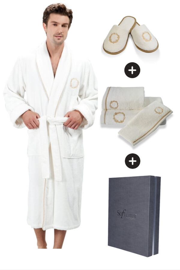 Soft Cotton Luxusný pánsky župan SEHZADE s uterákom a s papučky v darčekovom balení Smotanová / zlatá výšivka XL + papučky (42/44) + uterák + box