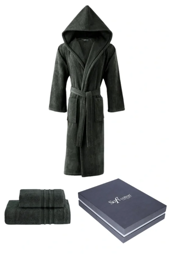 Unisex župan STRIPE + ručník + osuška + dárkový box - Velikost: L + ručník + osuška + box, Barva: Khaki