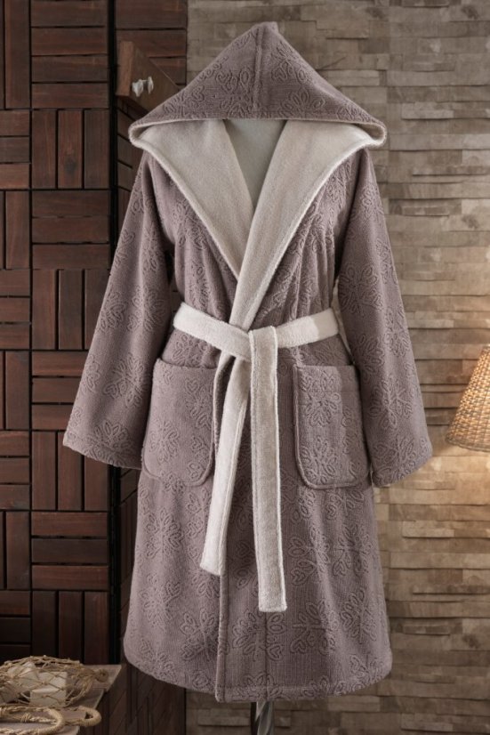 Damski krótki szlafrok LEAF s kapturem - Rozmiar: M, Kolor: Brązowy