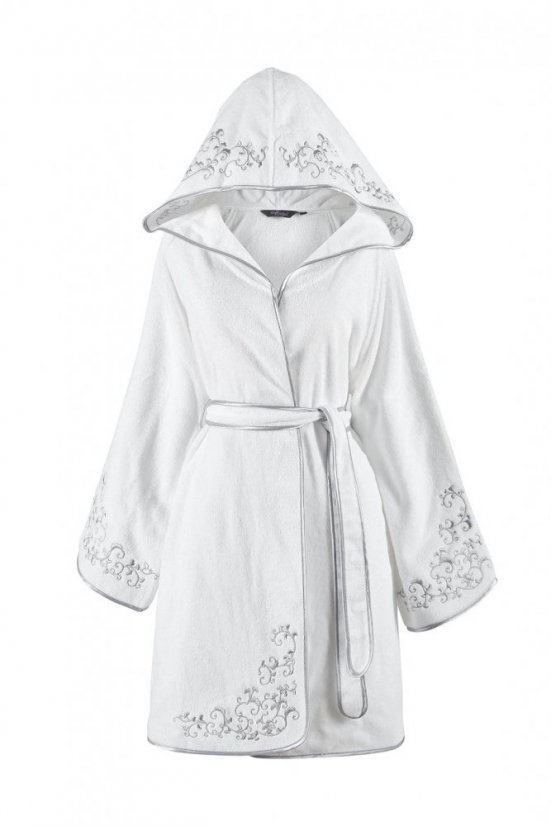 Kurzer Damenbademantel RENGIN mit Kapuze - Größe: L, Farbe: Weiß-Stickerei in Grau / Grey embroidery