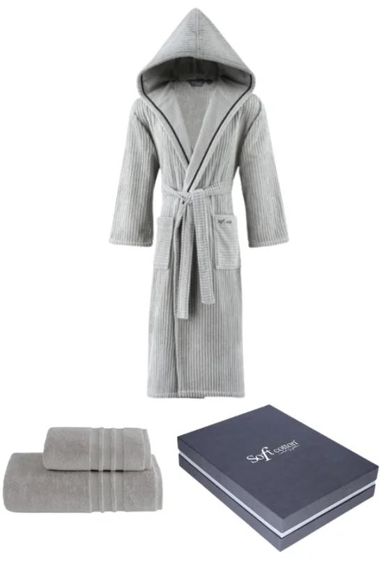 Unisex župan STRIPE + ručník + osuška + dárkový box - Velikost: L + ručník + osuška + box, Barva: Khaki