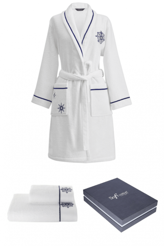 Bademantel MARINE LADY + Handtuch + Badetuch + box - Größe: S, Farbe: Weiß / White