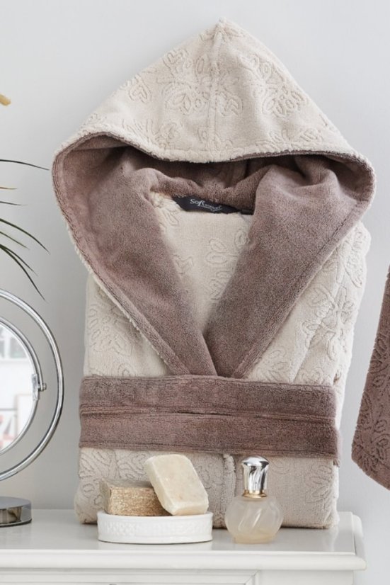 Damski krótki szlafrok LEAF s kapturem - Rozmiar: M, Kolor: Brązowy