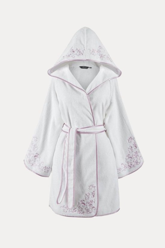 RENGIN női rövid kapucnis fürdőköpeny - Méret: M, Szín: Fehér-lila színű / Lila embroidery