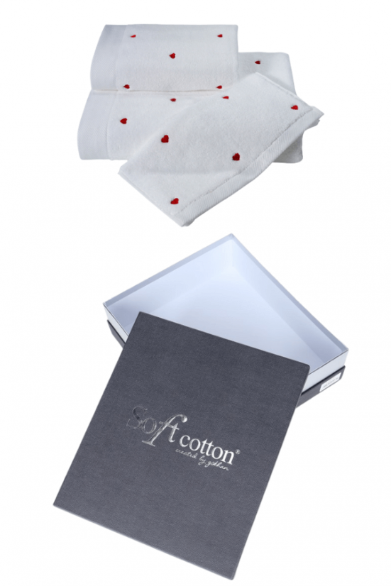 Geschenkverpackung Hand- und Badetücher MICRO LOVE, 3 St. - Farbe: Weiß-Herzen in Rot / Red hearts