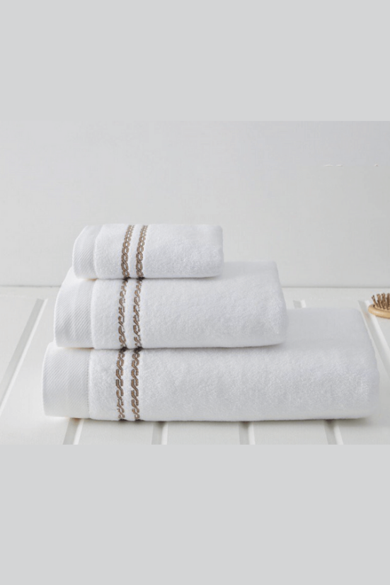 Prosop CHAINE 50 x100 cm - Culoare: Alb – Broderie bej