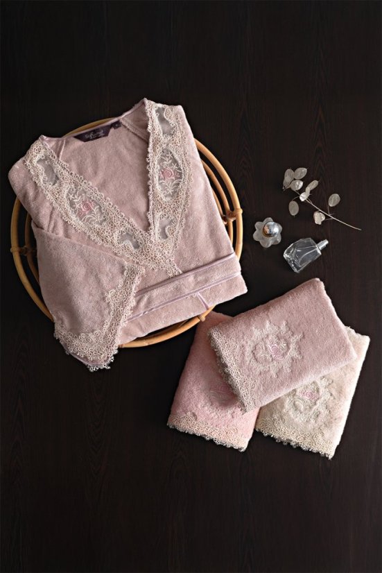 Elegancki szlafrok DESTAN z koronką - Rozmiar: L, Kolor: Fioletowy / Lila