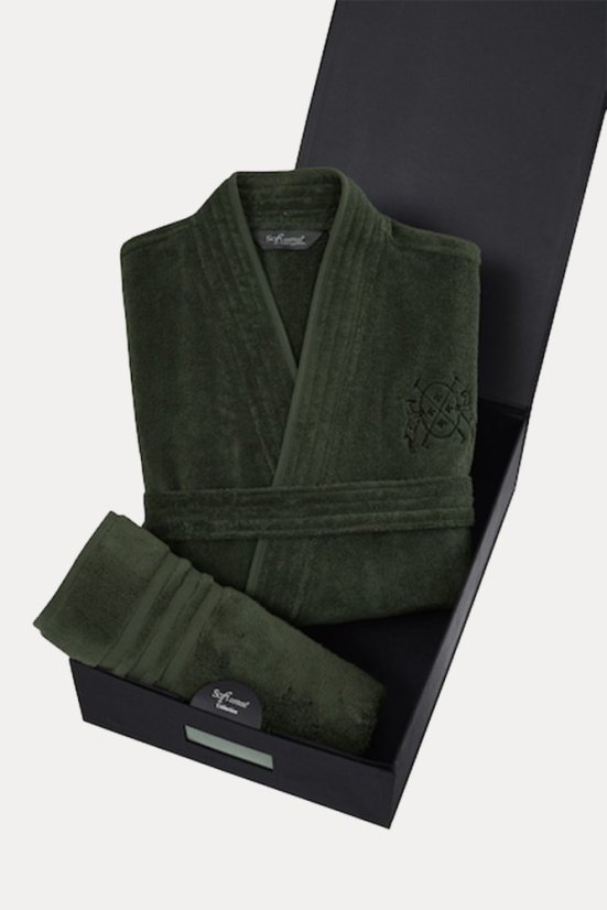 Męski szlafrok SMART w opakowaniu prezentowym z ręcznikiem - Rozmiar: M + ręcznik 50x100cm + pudełko, Kolor: Khaki