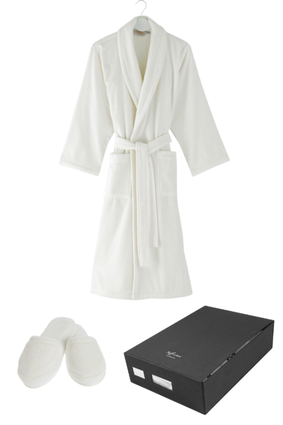 Halat unisex MICRO COTTON în cutie cadou + papuci - Mărime: S + Papuci de casa (36/38) + cutie cadou, Culoare: Alb crem / Ecru