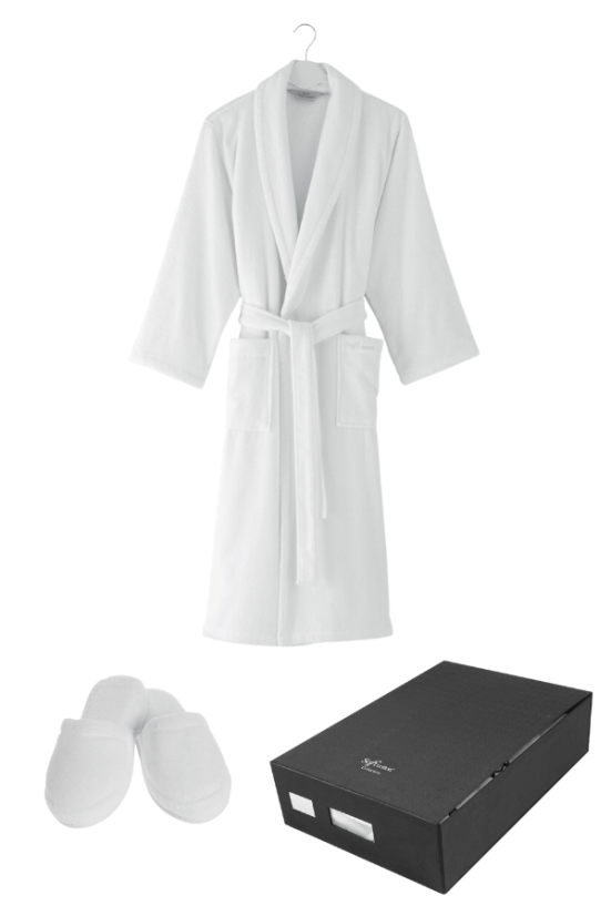 Halat unisex MICRO COTTON în cutie cadou + papuci - Mărime: S + Papuci de casa (36/38) + cutie cadou, Culoare: Alb crem / Ecru