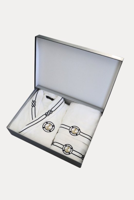 Moški kopalni plašč MARINE MAN v darilni škatli + brisača + kopalna brisača - Velikost: XL + brisača + kopalna brisača +  škatla, Barva: Bela