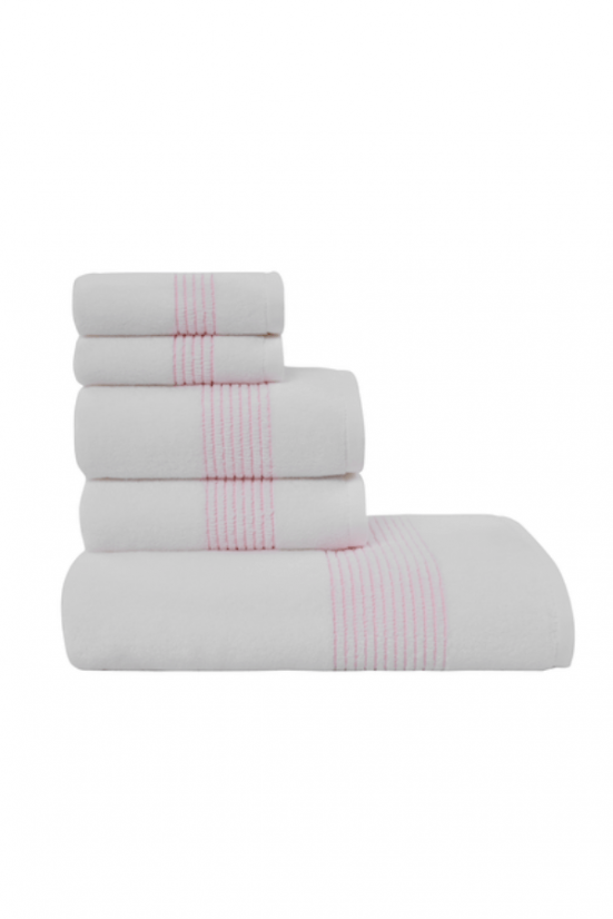 Dárková sada ručníků a osušky AQUA, 5 ks - Rozměr: Sada (2ks malý ručník 33x33cm, 2ks ručník 45x90cm, osuška 75x150cm), Barva: Bílá / růžová výšivka