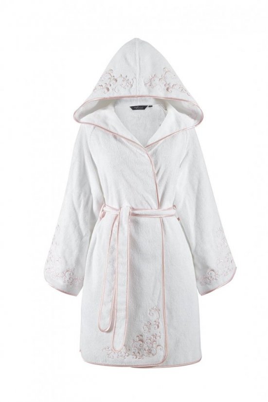 Kurzer Damenbademantel RENGIN mit Kapuze - Größe: L, Farbe: Weiß-Stickerei in Grau / Grey embroidery