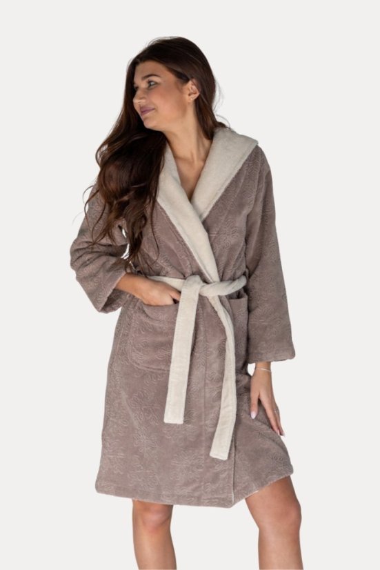 Damski krótki szlafrok LEAF s kapturem - Rozmiar: M, Kolor: Brązowy