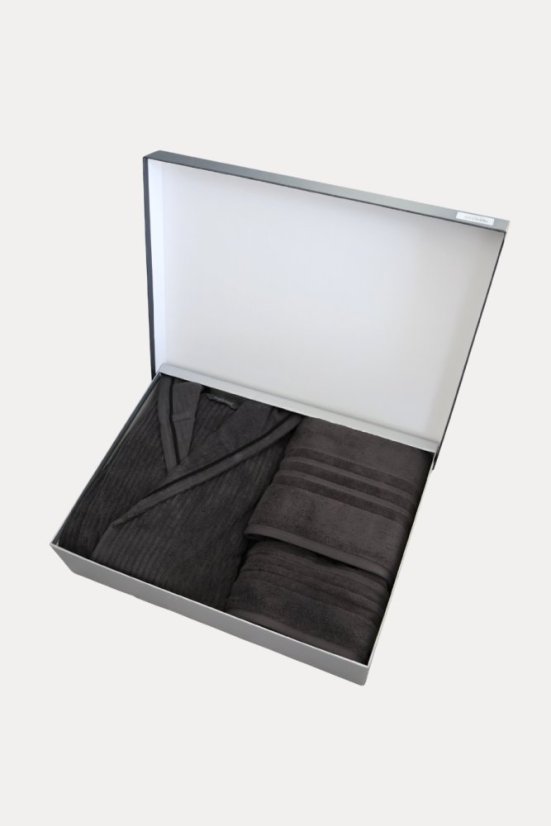 Unisex župan STRIPE + ručník + osuška + dárkový box - Velikost: L + ručník + osuška + box, Barva: Černá antracit