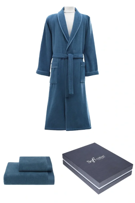 Herrenbademantel LORD + Handtuch + Badetuch + box - Größe: XXL, Farbe: Blau / Blue