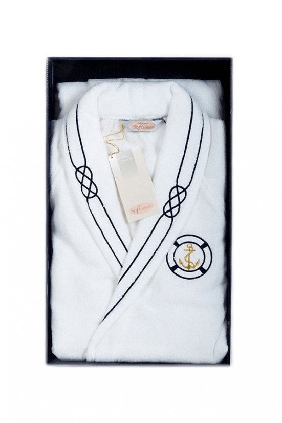 Exklusiver Herrenbademantel MARINE MAN in einer Geschenkverpackung - Größe: XXL, Farbe: Weiß / White
