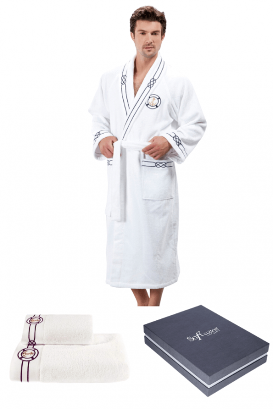 Herrenbademantel MARINE MAN in einer Geschenkverpackung + Handtuch + Badetuch - Größe: M + Handtuch + Badetuch + Box, Farbe: Weiß / White