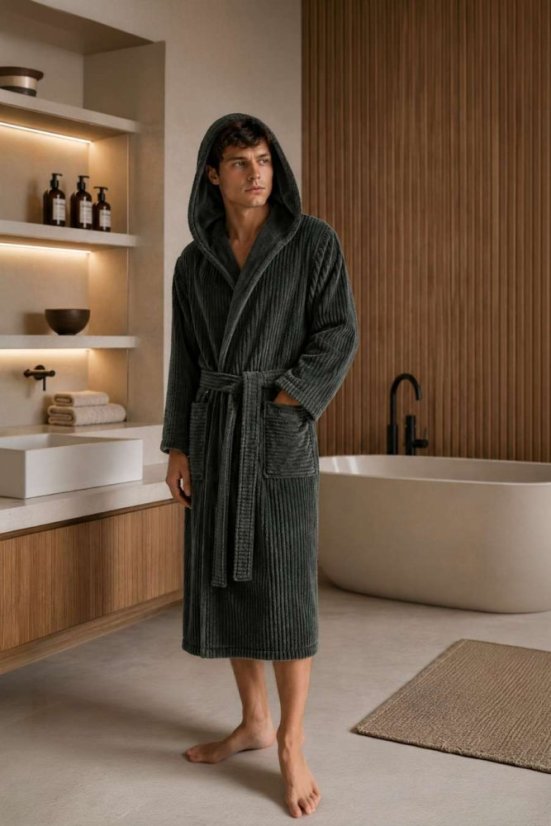 Unisex-Bademantel STRIPE mit Kapuze - Größe: S, Farbe: Khaki