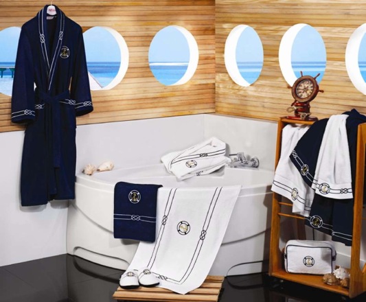 Męski szlafrok MARINE MAN w ozdobnym opakowaniu + ręcznik + kapcie - Rozmiar: M + kapcie (40/42) + ręcznik + box, Kolor: Ciemnoniebieski