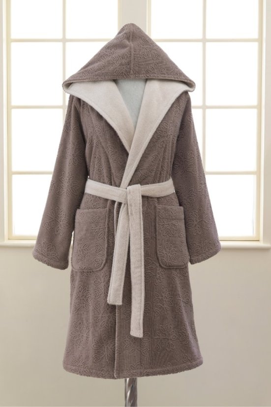 Damski krótki szlafrok LEAF s kapturem - Rozmiar: M, Kolor: Brązowy