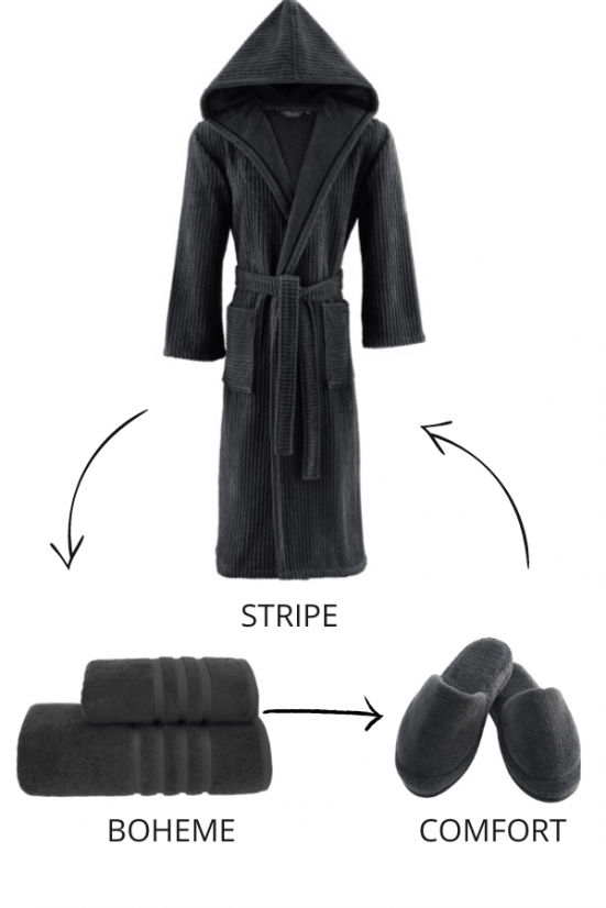 Damen- und Herrenbademantel STRIPE mit Kapuze - Größe: M, Farbe: Grau / Grey
