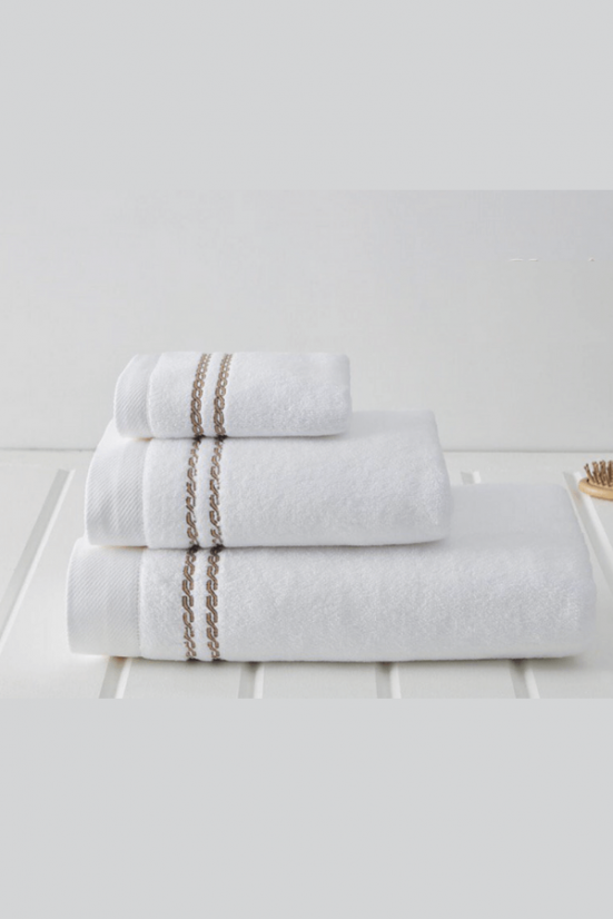 Handtuch CHAINE 50 x 100 cm - Farbe: Weiß-Stickerei in Beige / White-beige embroidery