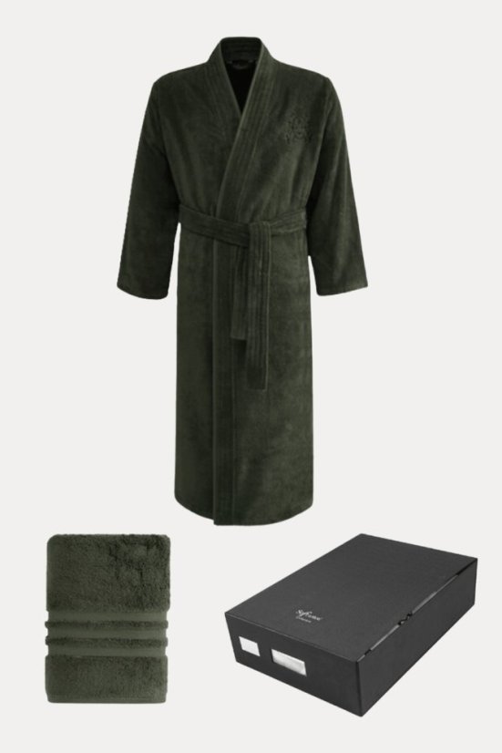 Męski szlafrok SMART w opakowaniu prezentowym z ręcznikiem - Rozmiar: M + ręcznik 50x100cm + pudełko, Kolor: Khaki