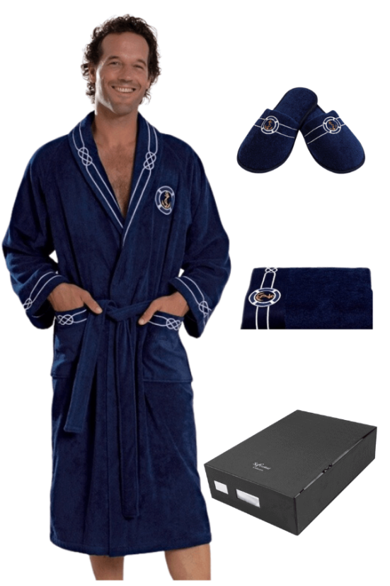 Męski szlafrok MARINE MAN w ozdobnym opakowaniu + ręcznik + kapcie - Rozmiar: M + kapcie (40/42) + ręcznik + box, Kolor: Ciemnoniebieski