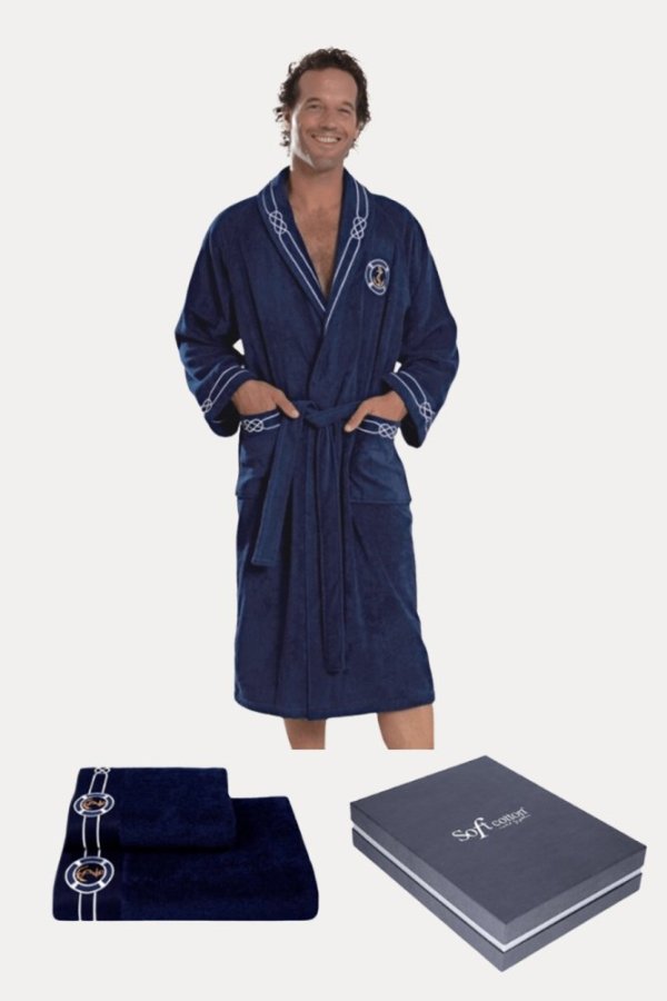 Herrenbademantel MARINE MAN in einer Geschenkverpackung + Handtuch + Badetuch