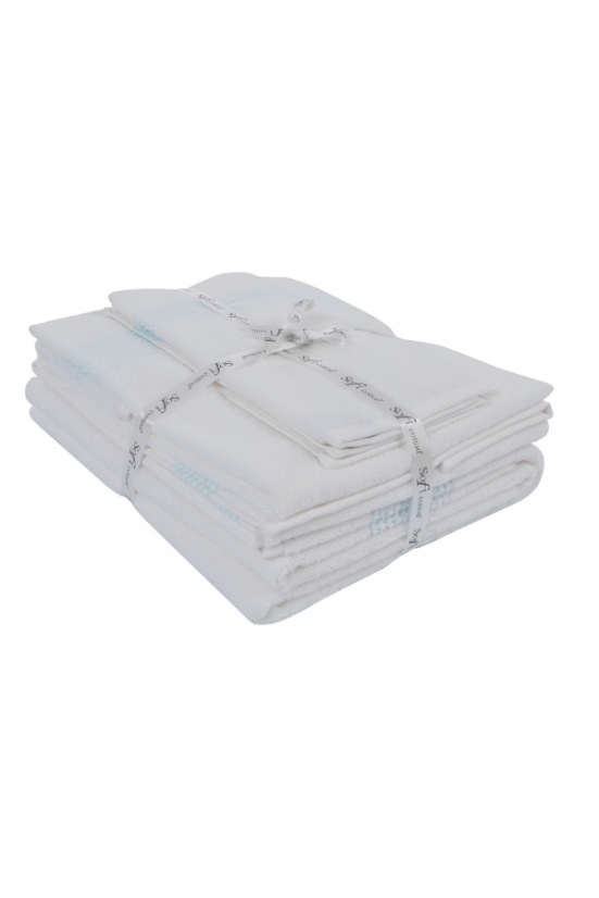 Podarunkowy zestaw ręczników AQUA, 5 szt - Rozmiar: Zestaw (2szt. ręcznik 33x33cm, 2szt. ręcznik 45x90cm, ręcznik 75x150cm), Kolor: Biały / niebieski haft