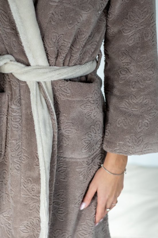 Damski krótki szlafrok LEAF s kapturem - Rozmiar: M, Kolor: Brązowy