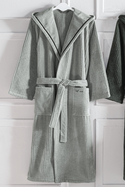 Damen- und Herrenbademantel STRIPE mit Kapuze - Größe: M, Farbe: Khaki