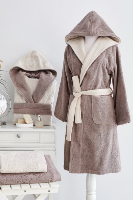 Damski krótki szlafrok LEAF s kapturem - Rozmiar: M, Kolor: Brązowy