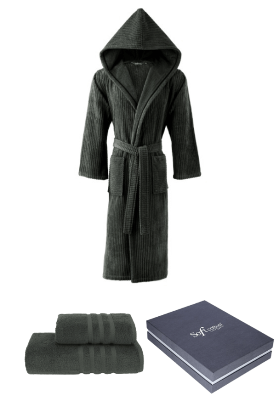 Unisex-Bademantel STRIPE + Handtuch + Badetuch + box - Größe: S + Handtuch + Badetuch + Box, Farbe: Khaki
