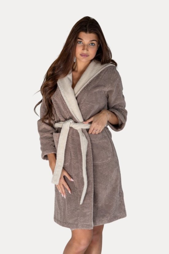 Damski krótki szlafrok LEAF s kapturem - Rozmiar: M, Kolor: Brązowy