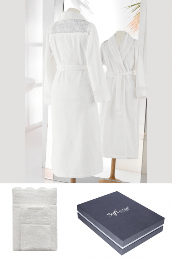 Damenbademantel QUEEN + Handtuch + Badetuch + box - Größe: XL, Farbe: Sahne / Ecru
