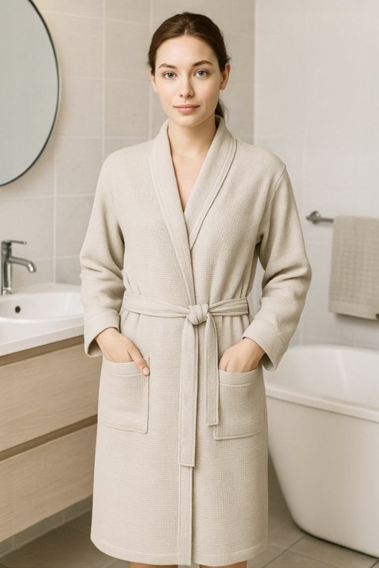 Waffel-Bademantel PIQUE für Damen und Herren - Größe: L, Farbe: Hellbeige / Light beige