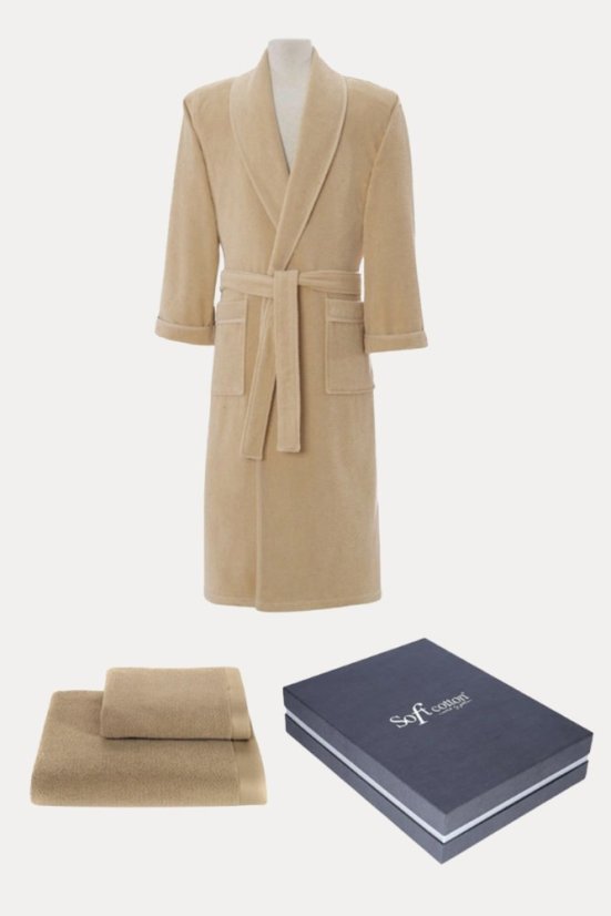 Herrenbademantel LORD + Handtuch + Badetuch + box - Größe: XL, Farbe: Beige