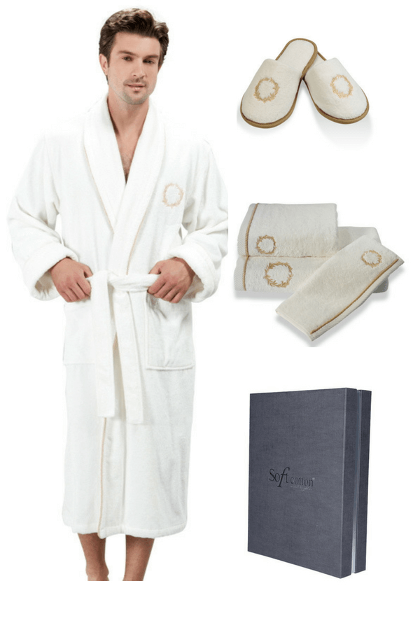 Soft Cotton Luxusný pánsky župan SEHZADE s uterákom a s papučky v darčekovom balení Smotanová / zlatá výšivka M + papučky (40/42) + uterák + box