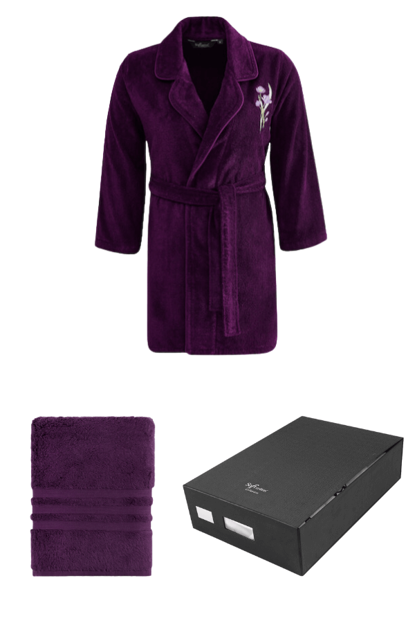 Krátký dámský župan LILLY v dárkovém balení s ručníkem XL + ručník 50x100cm + box Fialová