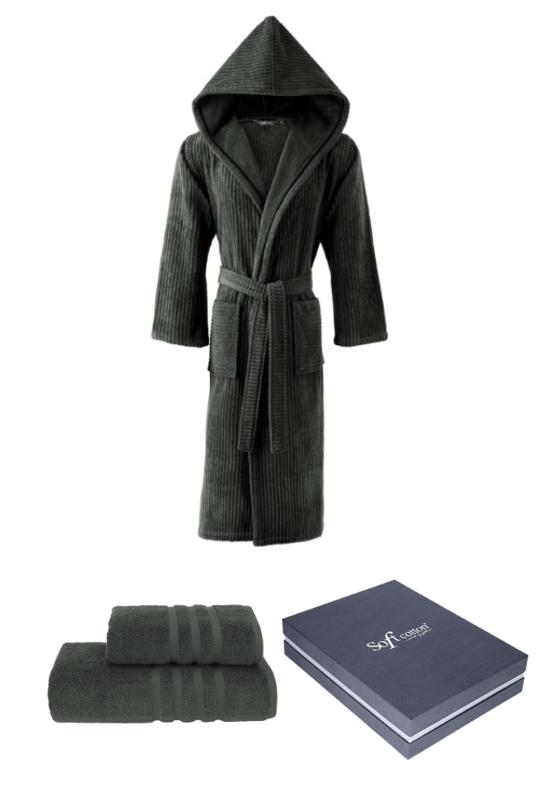 Unisex župan STRIPE + ručník + osuška + dárkový box Khaki S + ručník + osuška + box