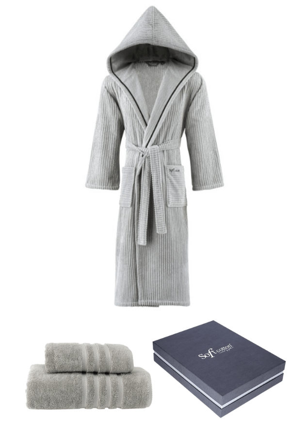 Damen- und Herrenbademantel STRIPE + Handtuch + Badetuch + box L + Handtuch + Badetuch + Box Grau / Grey