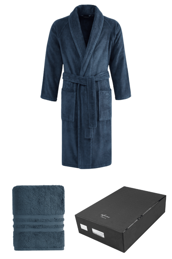Pánský župan PREMIUM v dárkovém balení s ručníkem Modrá S + ručník 50x100cm + box