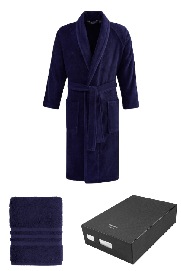 Pánský župan PREMIUM v dárkovém balení s ručníkem L + ručník 50x100cm + box Tmavě modrá