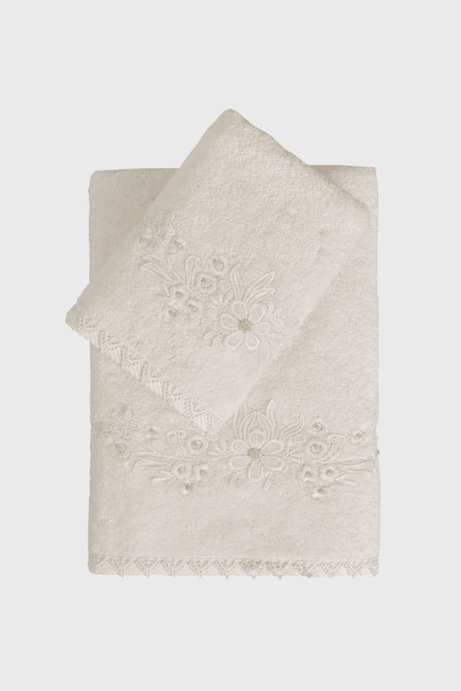 Prosop PERLA cu dantela 50x100cm Alb crem / Ecru